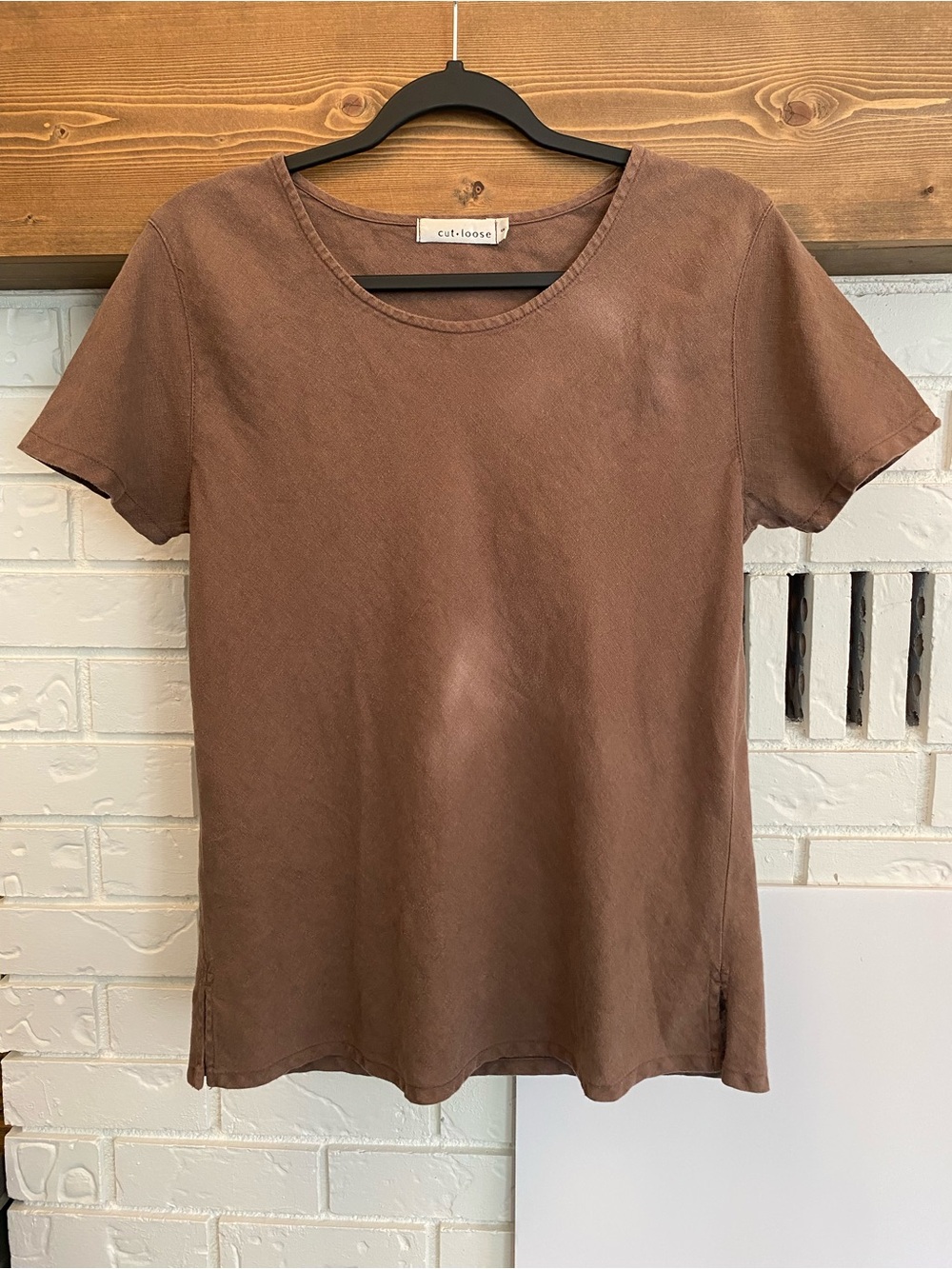 Cut Loose 100% Linen Brown Short Sleeve Tunic Top Size Small Made in USA